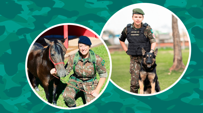 Na imagem da esquerda, uma militar ao lado de um cavalo e na da direita, uma militar com um cachorro