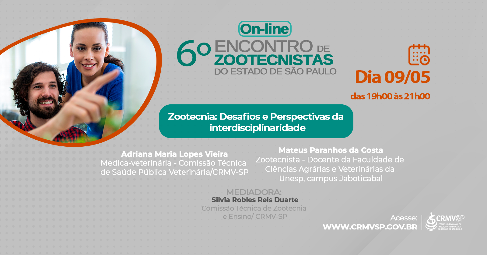 Na arte há a imagem de dois profissionais, um homem e uma mulher, observando um computador e conversando. Além disso traz as informações sobre o primeiro dia do 6º Encontro de Zootecnistas do Estado de São Paulo. As informações estão todas no texto sobre o evento